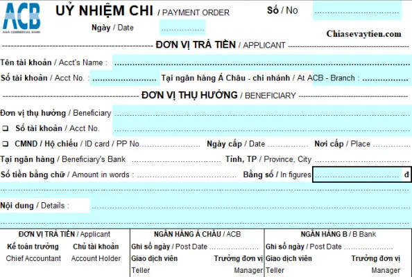 Mẫu Ủy nhiệm chi Viết tay Ngân hàng ACB