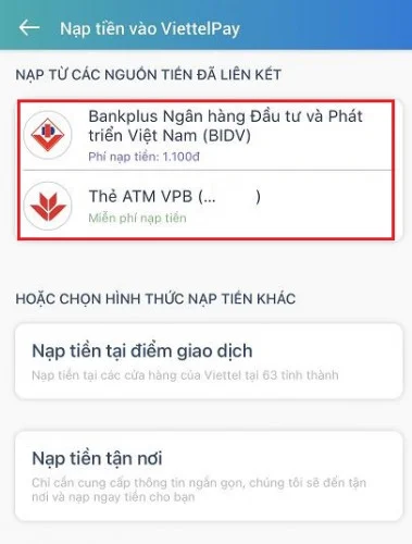 Nạp tiền vào ViettelPay qua tài khoản ngân hàng