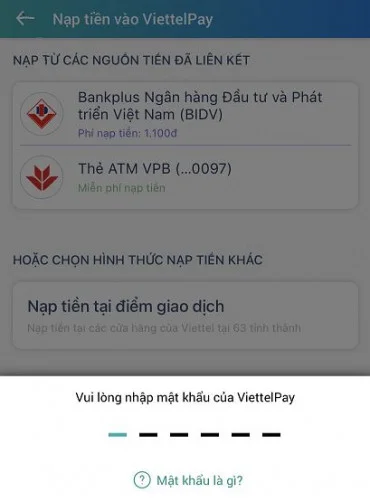 Nạp tiền vào ViettelPay qua tài khoản ngân hàng