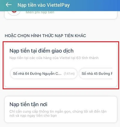 Nạp tiền vào ViettelPay từ các điểm giao dịch