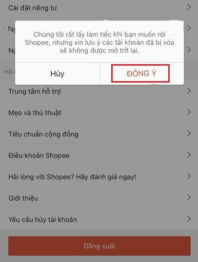 Xoá tài khoản Shopee 