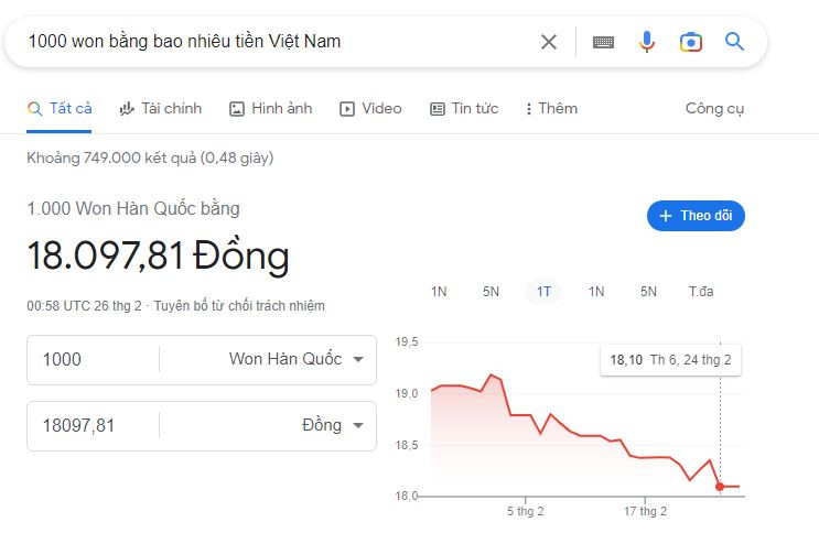 Tỷ giá 1000 won to VND