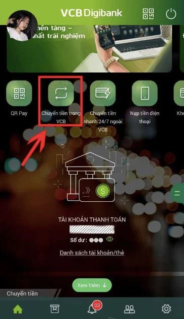 Cách chuyển tiền ngoài Vietcombank trên điện thoại