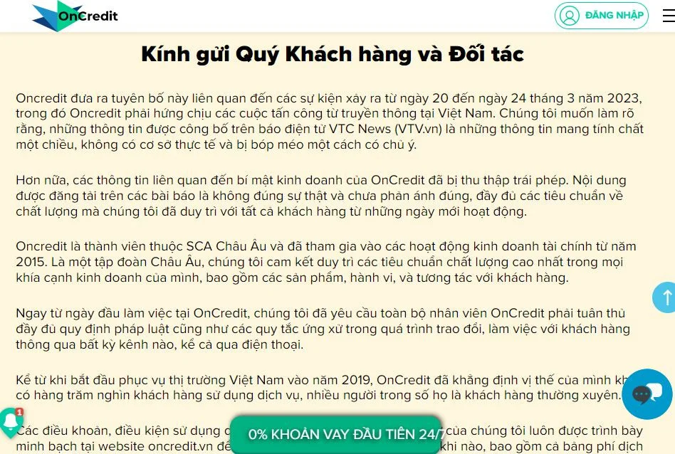 Nôi dung liên quan đến tin đồn OnCredit bị bắt