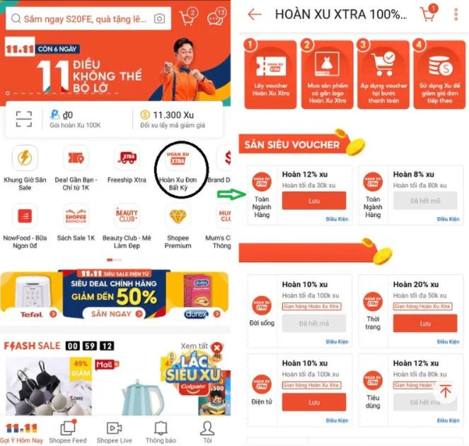 sử dụng mã hoàn xu Shopee, để nhận xu Shopee