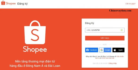 Nhập số điện thoại đăng ký mở tài khoản Shopee