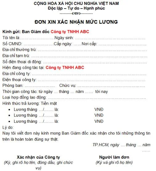 Mẫu xác nhận lương 3 tháng