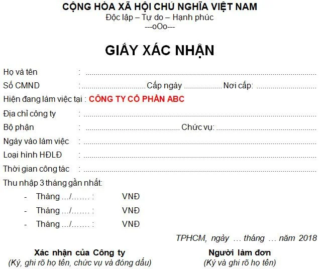 Mẫu xác nhận lương 3 tháng