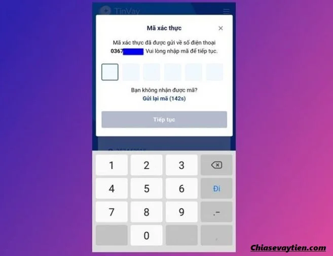 Vay tiền TINVAY - Nhập mã OTP xác nhận thông tin đăng ký