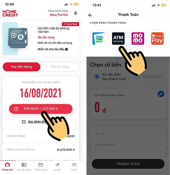 Đóng tiền trả góp Home Credit qua App