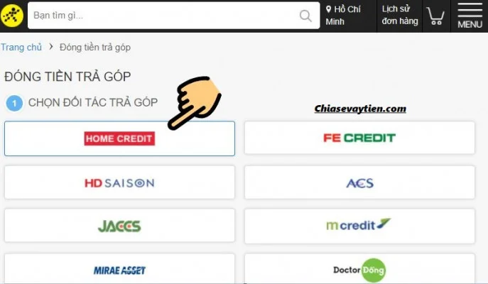 Đóng tiền trả góp Home Credit qua Thegioididong.com