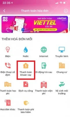 Thanh toán khoản vay tiền qua MOMO