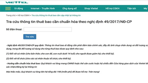 Truy cập và tra cứu thông tin thuê bao đang sử dụng tại trang web Viettel