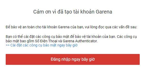 Đăng ký tài khoản Garena thành công