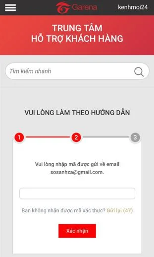 Nhập mã xác nhận xóa SĐT tài khoản Garena