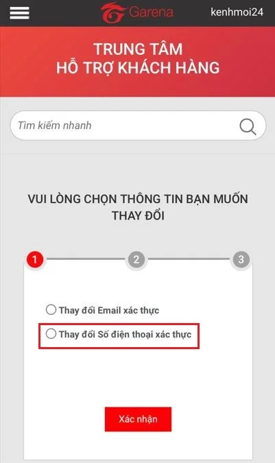 Thay số điện thoại Garena