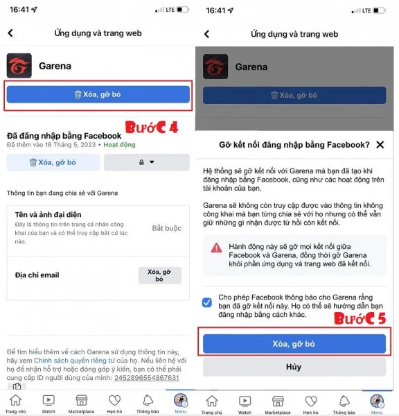 Xác nhận xóa tài khoản Garena ra khỏi Facebook