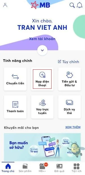 Nạp tiền vào tài khoản MB Bank