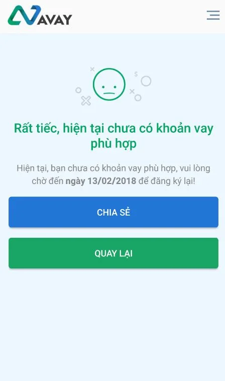 Tìm kiếm khoản vay không phù hợp AVAY