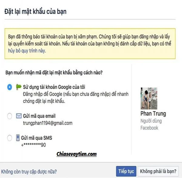 Chọn phương thức khôi phục Facebook