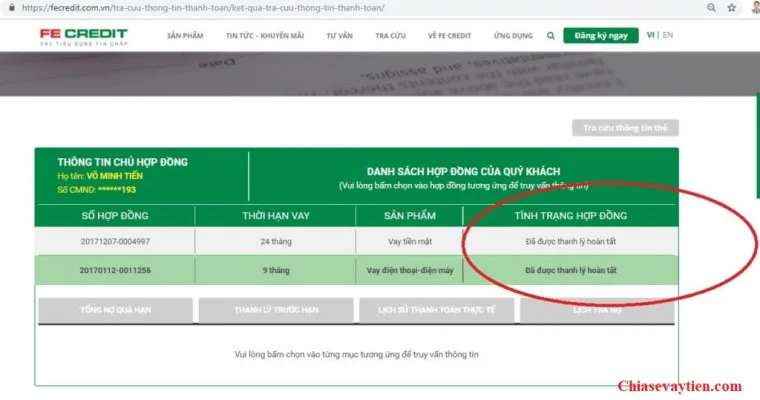 Kiểm tra thông tin thanh lý hợp đồng FE Credit