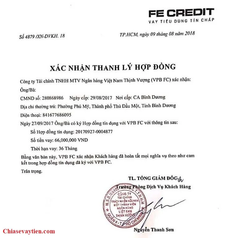 Biên bản xác nhận thanh lý hợp đồng Fe Credit