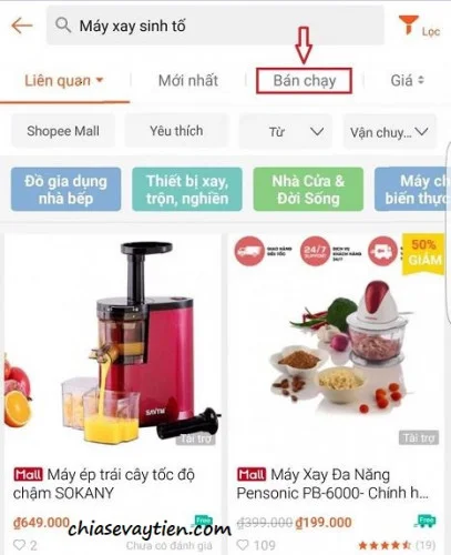 Chọn các sản phẩm bán chạy trên Shopee