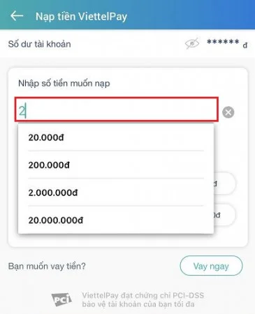 Chọn khoản tiền cần nạp vào Viettel Pay