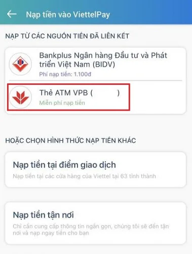 Chọn nguồn nạp tiền vào Viettel Pay