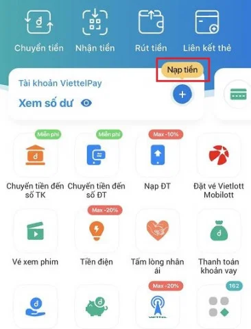 Nạp tiền vào tài khoản Viettel Pay