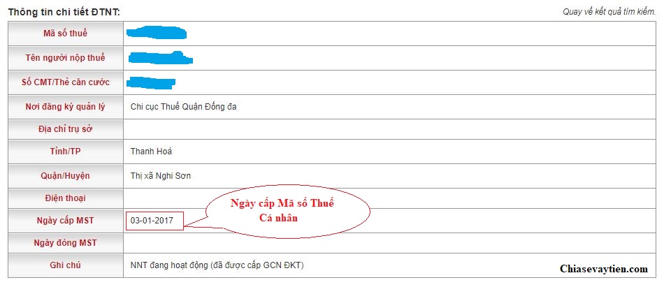 Kết quả ngày cấp mã số thuế cá nhân