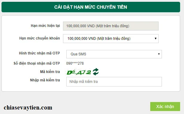 Cài đặt hạn mức chuyển tiền Vietcombank