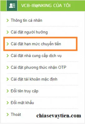 Lựa chọn Cài đặt hạn mức chuyển tiền Vietcombank