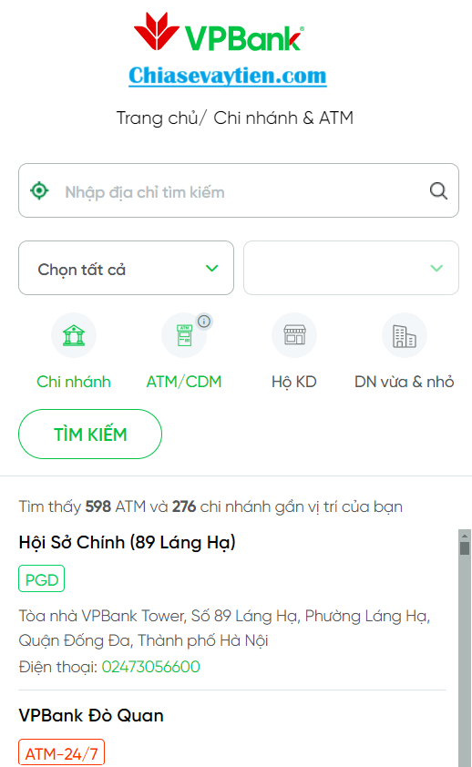 Tìm kiếm chi nhánh, phòng giao dịch VPBank