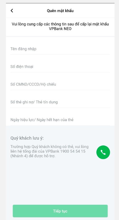 Quên tên đăng nhập VPBank - Bước 2