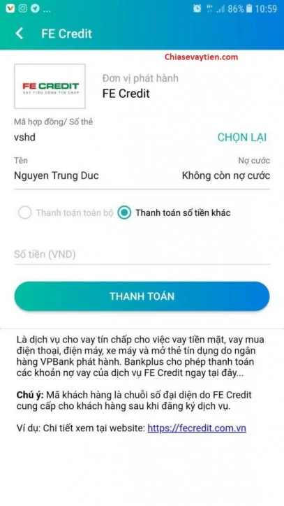 Nhập số tiền cần thanh toán và chọn hình thức thanh toán